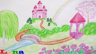 Schloß zeichnen 🏰 Landschaft malen 🌈 How to draw a princess castle 🌹 Landscape scenery drawing [upl. by Inglis915]