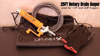 DrainX 25 FT Rotary Drain Auger 14quot Cable  Works Manually or Drill Powered Easy Reel Drain Snake [upl. by Akira]