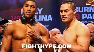 WHOA ANTHONY JOSHUA VS JOSEPH PARKER WEIGHIN amp FINAL FACE OFF JOSHUA 12 LBS LIGHTER THAN BEFORE [upl. by Nairot]