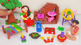 DIY How to make polymer clay miniature village House Washroom set Kitchen set CharpaiChaff cutter [upl. by Cynthia]