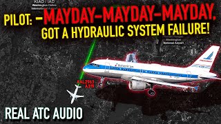 PANPAN Call quickly OVERTURNES to MAYDAY Call American A319 Hydraulic failure REAL ATC [upl. by Nywroc]