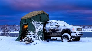 Camping In Snow Storm With Rooftop Tent And Diesel Heater [upl. by Oretna]