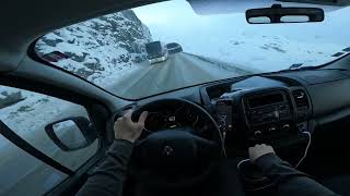 Driving to Val Thorens Snow on the road French alps Renault Traffic driving cockpit POV [upl. by Alathia]