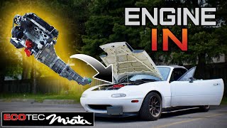 HUGE MILESTONE Engine amp Trans Install DIY Ecotec Miata Swap [upl. by Neelsaj671]