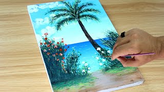 Acrylic Painting  Landscape Painting For Beginners  Palm tree on the seashore drawing [upl. by Festa]