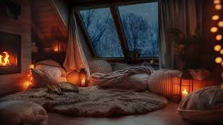 Rainy Attic Retreat  Cozy Space with Sleeping Cat and Fireplace [upl. by Tymon]