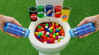 Mini Plastic Balls VS Popular Sodas  Coca Cola Sprite Fanta Schweppes and Mentos in the toilet [upl. by Yromas]