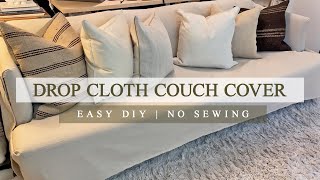 Couch Cover Using Drop Cloth  No Sewing [upl. by Ecnadnac]