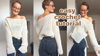 CROCHET MOHAIR SWEATER TUTORIAL  crochet for beginners  off the shoulder crochet sweater [upl. by Nallij682]