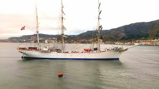 Tall Ship  Statsraad Lehmkuhl  threemasted barque vessel  Sailing in to Bergen Norway [upl. by Victor]