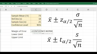 Confidence Interval for mean in Excel z amp t summary values [upl. by Anicnarf]