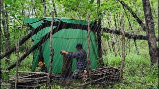 Solo camp on a rainy night  heavy rain  Building a shelter  Lightning  Camping in the rain [upl. by Eissalc]