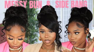 HIGH MESSY BUN AND SIDE BANG HAIR TUTORIAL  STEP BY STEP TUTORIAL  Chev B [upl. by Lennahc627]