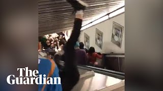 Escalator speeds up and collapses in Rome injuring football fans [upl. by Sergeant]