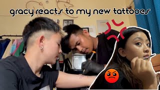 Hacked channel is BACK 🤍  Gracy reacts to my NEW TATTOOES  XOREM amp GRACY sktatvlogs 🤍 [upl. by Windy981]