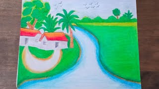 How to draw easy village scenery with oil pastel color  Village house drawing easy with colour [upl. by Dugald]