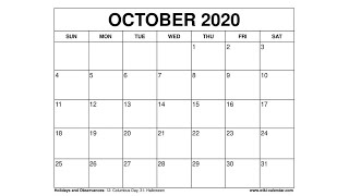 Free Printable October 2020 Calendar  WikiCalendarCom [upl. by Adahsar]