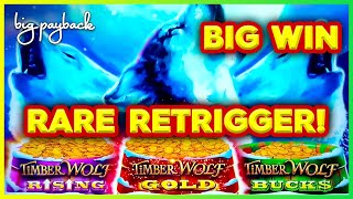 RARE RETRIGGER on Timber Wolf Triple Power Slots → BIG WIN BONUS [upl. by Hesther633]