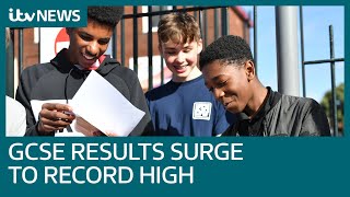 GCSE results surge to record high after pupils given predicted grades  ITV News [upl. by Noemad]