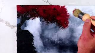 Waterfall Painting Tutorial Creating a Black and White Landscape with a Breathtaking Red Tree [upl. by Rue515]