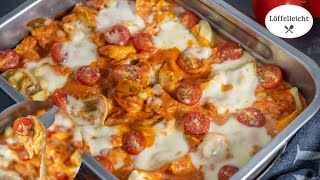 Tortellini Auflauf  Tomate Sahne Soße mit Mozzarella  einfach amp schnell  vegetarisches Rezept [upl. by Brnaba]