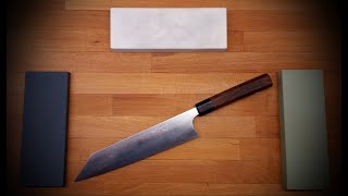 Sharpening Shibata Kotetsu Ironclad R2 kiritsuke with Norton Crystolon Sigma 1200 and Suehiro G8 [upl. by Htiekel]