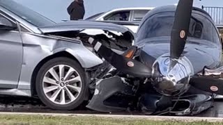 Small plane crashes into car after overshooting runway during emergency landing near Dallas [upl. by Aicat]