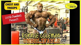 RONNIE COLEMAN  200 lb Dumbbell Presses  CHEST AND TRICEPS 2000 UNBELIEVABLE MOVIE [upl. by Dnarud732]