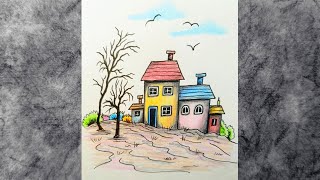 Colored Pencils and Ink Pencil Drawing Village  Landscape Scenery Drawing  Pencil Sketch Tutorial [upl. by Solomon]