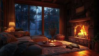 Cozy Gentle Rain Ambiance  Stone Fireplace Rain and Sleeping Cat [upl. by Ames]