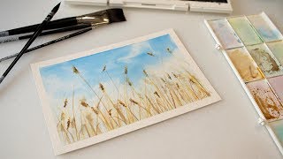 How to paint watercolor landscape wheat grass for beginners tutorial easy [upl. by Guilbert46]