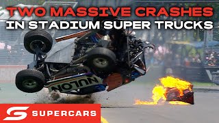 Two MASSIVE Stadium Super Truck Crashes In Adelaide  2024 Repco Supercars Championship [upl. by Hurley602]