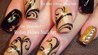 Black and Gold Glitter Nails Design  Bling Filigree Nail Art Tutorial [upl. by Hguh]