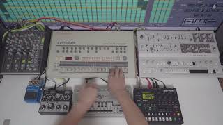 Happy 909day jam with TB303 UDO SUPER 6 Digitone BENIDUB Digital Echo BOSS CP1X [upl. by Eirelav359]