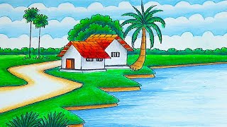 How to draw beautiful village scenery Indian village drawing easy step by step with nature landscape [upl. by Helman710]