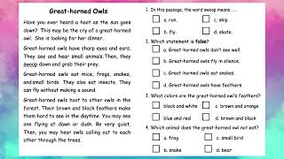 11  Greathorned Owls  Reading Skills  Grade 1  All English 4U [upl. by Ehav90]