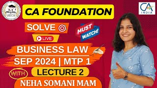 CA FOUNDATION  MTP SOLVING  BUSINESS LAWS  MTP 1 SEP  LEC 2  NEHA SOMANI MAM [upl. by Pittman]