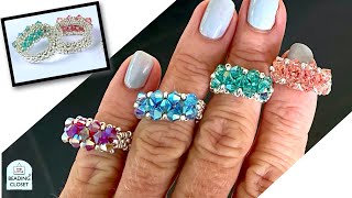 Kissing Crystals Beaded Ring Tutorial using seed beads and 4mm bicone crystals DIY Jewelry Making [upl. by Merri]