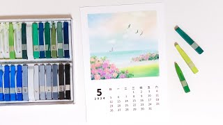 ENG Sub Drawing the 2024 May Desk Calendar with Soft Pastels  Spring Lake [upl. by Germano]