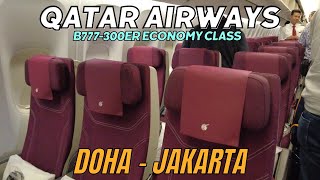 QATAR AIRWAYS Doha  Jakarta  QR954 B777300ER Econony Class [upl. by Adranoel44]