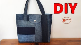 DIY DENIM PATCHWORK TOTE BAG FROM SCRAPS WITH SNAP BUTTON CLOSURE SEWING TUTORIALBAG MAKING AT HOME [upl. by Newlin]