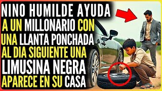 NIÑO HUMILDE AYUDA A UN MILLONARIO CON UNA LLANTA PONCHADA Y UNA LIMUSINA NEGRA LLEGA A SU PUERTA [upl. by Eiramadnil848]