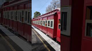 Preserved tait train arriving at showgrounds station railway historical steamrailway melbourne [upl. by Kelbee]