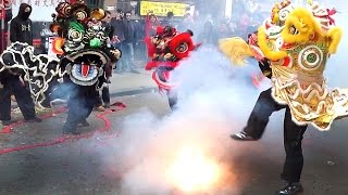 2016 Boston Chinese Freemasons Lion Dance Kids Firecrackers Monkey Lunar New Year Chinatown 🧧💥🧨 [upl. by Anesor]