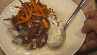 Andouille Sausage over garlic chive amp sour cream mashers sweet potato Pomme frits amp pan bechamel [upl. by Ak]