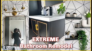 DIY MOODY Bathroom Remodel  PEEL AND STICK FLOORS  WALLPAPER  BLACK CEILING [upl. by Anan]