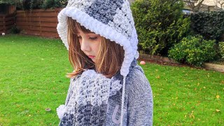 Crochet 52 How to crochet Hooded scarf with pom poms [upl. by Lalitta]