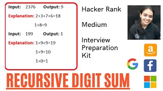 Recursive Digit Sum HackerRank Interview Preparation Kit Recursion [upl. by Hotze]