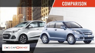 Comparison Video 2015 Maruti Suzuki Swift Dzire Vs Hyundai Xcent  CarDekhocom [upl. by Anohr611]