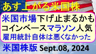 米国株の株式投資。雇用統計で米国株が急落、FOMCとアメリカ株。コインベースとマラソンの株価～あす上がる株米国版。Sept 08 2024。最新のアメリカ株価と株式投資。高配当株やデイトレ情報も [upl. by Eimmij]